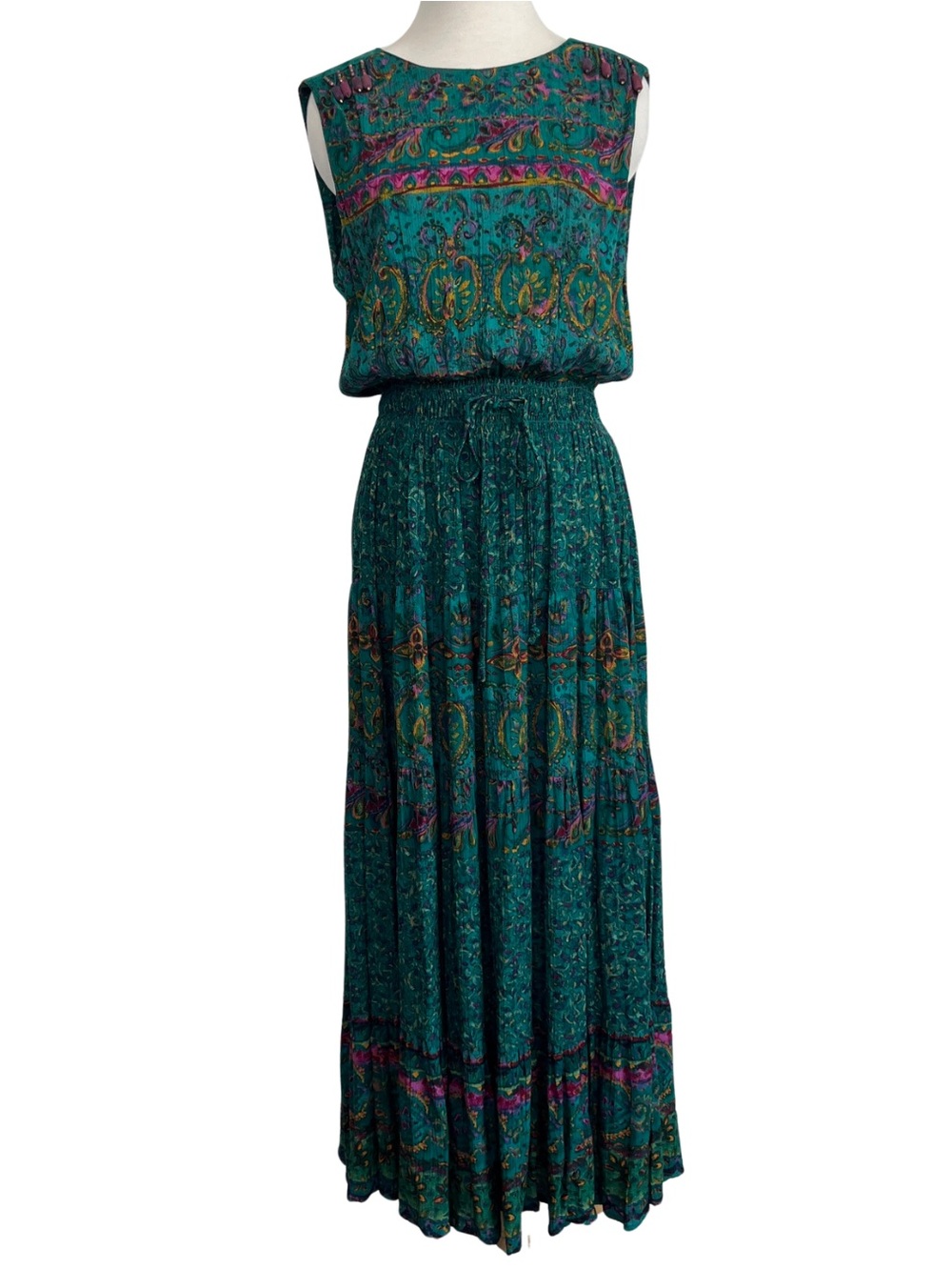 Vintage Carole Little Maxi Dress Womens 10 Teal Paisley Rayon Tiered Beaded 90s